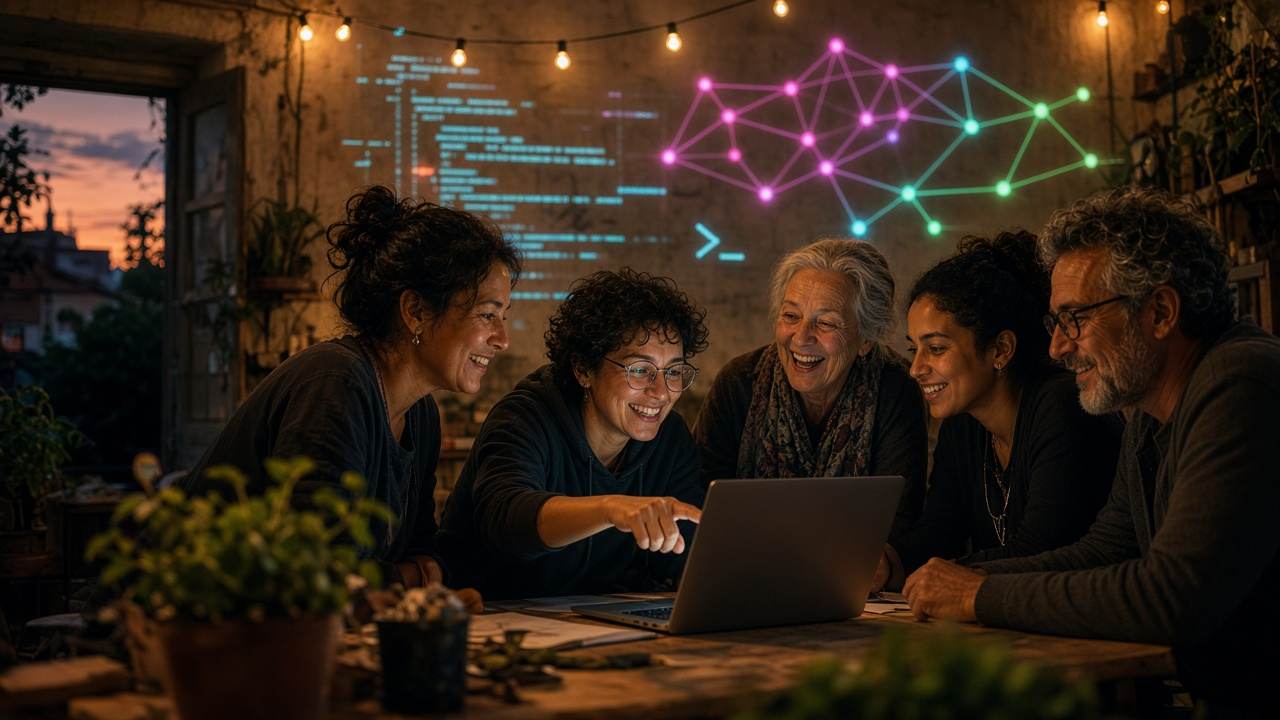 Personas trabajando juntas con portátiles en un espacio comunitario