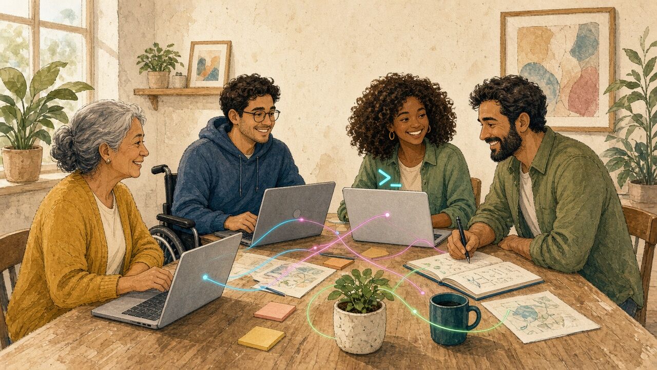 Personas trabajando juntas con portátiles en un espacio comunitario